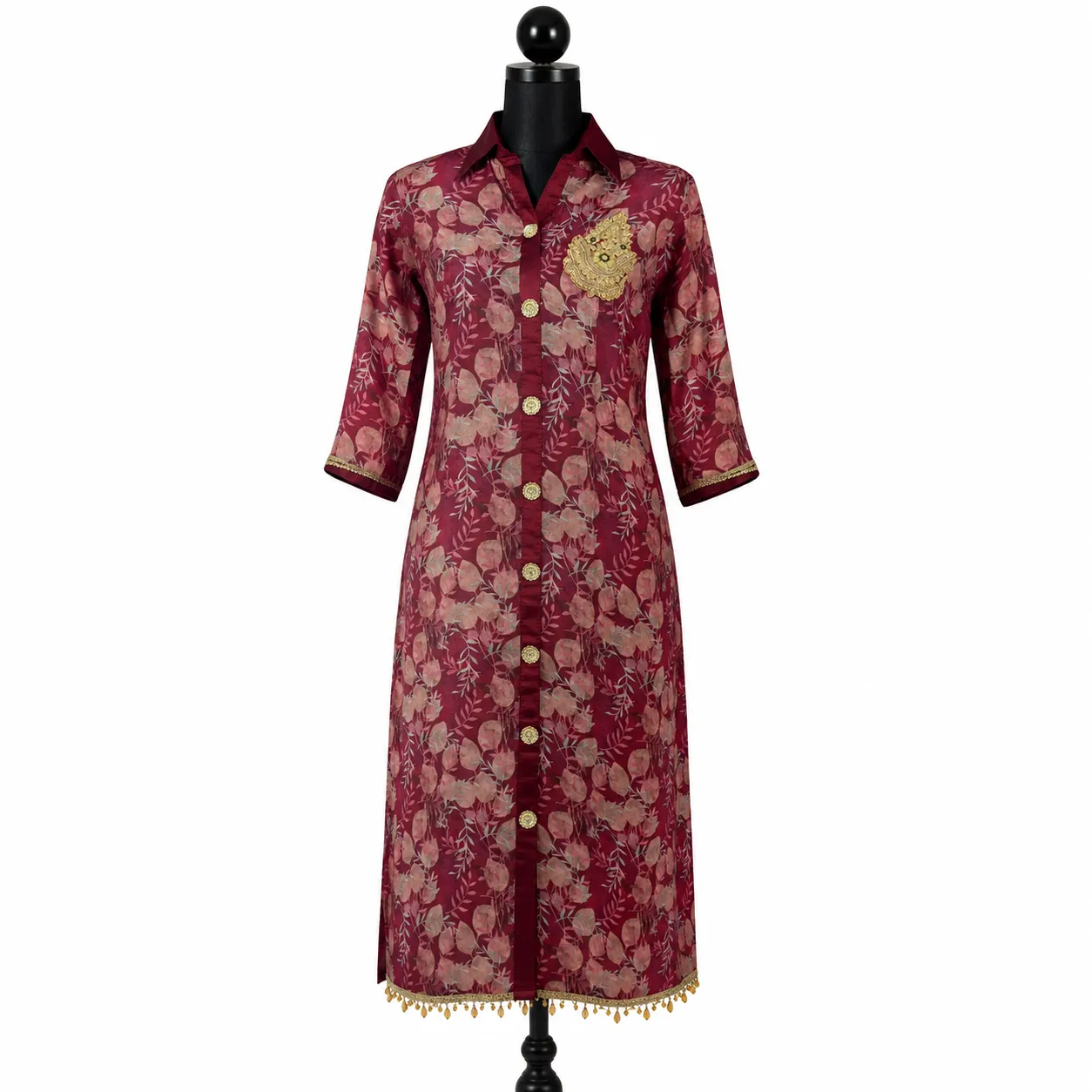 Women's Maroon Floral Lace Button-Down Long Shirt with Golden Patch